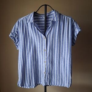 Beach Lunch Lounge Blue & White Striped Linen & Cotton Blouse; Size M